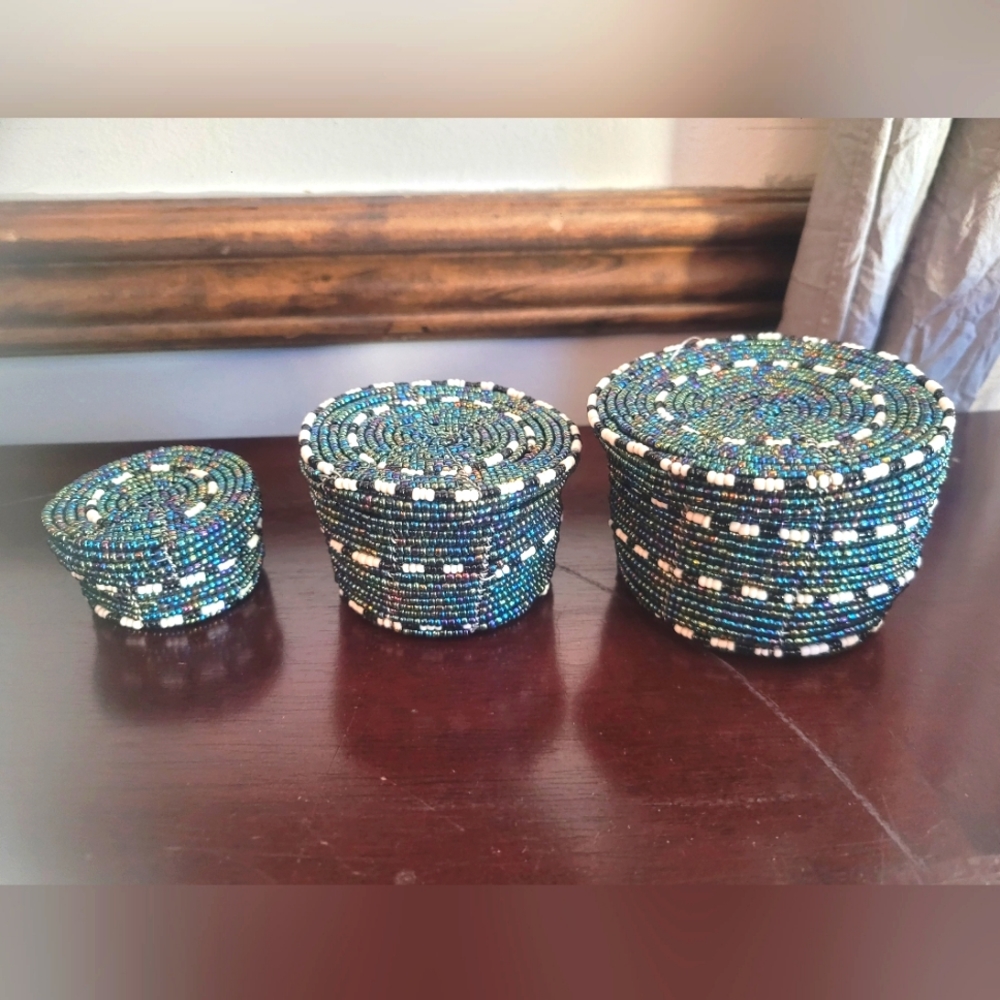 Hand woven beaded nesting baskets
